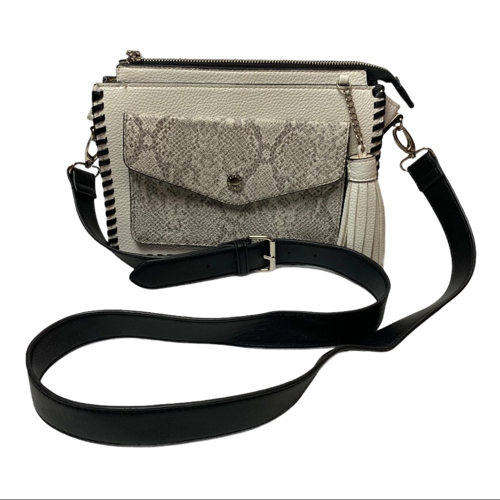 Neutral Snake-Texture Crossbody Bag with Black Strap